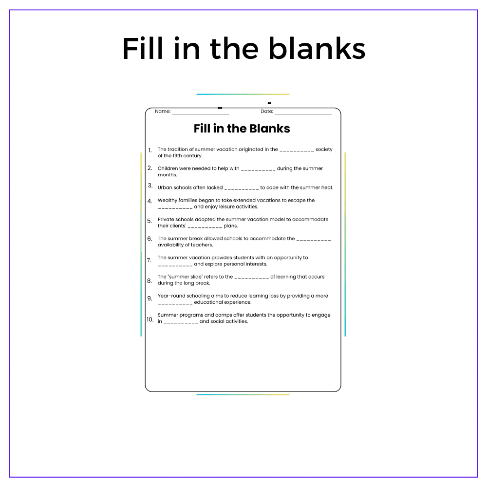 Summer Vacation History Worksheet - Image 5